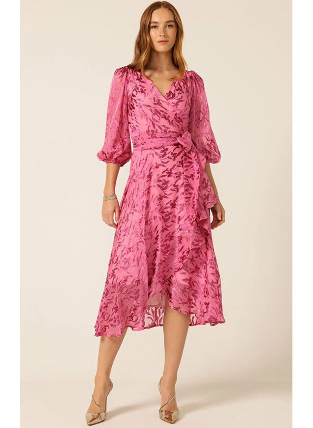 Sherbet Breeze Midi Wrap Dress Magenta Botanical